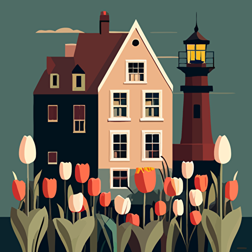 Flat vector of Tulip flowers, old Amsterdam houses and light house, minimalist — v 5