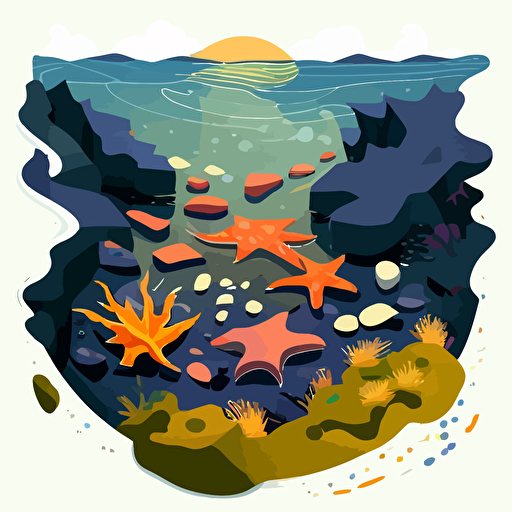 tidepool on the west coast, sea stars on rocks, kelp, minimalist design, fun vibe, vector, 2d, flat
