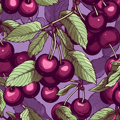 Peruvian Cherry illustration, epic composition, 2d vector, purples, seamless pattern