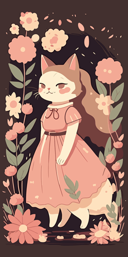 flat vector illustration of a kitty in a pink dress among flowers, in the style of minimalist backgrounds, beige, animation, bunnycore, hallyu, cute and colorful, ferrania p30