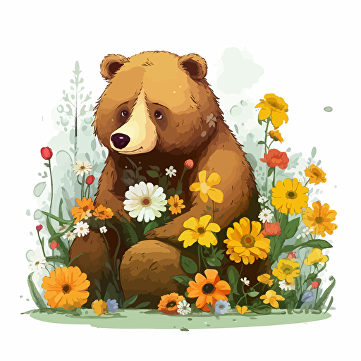 bear, flowers, detailed, cartoon style, 2d clipart vector, creative and imaginative, hd, white background