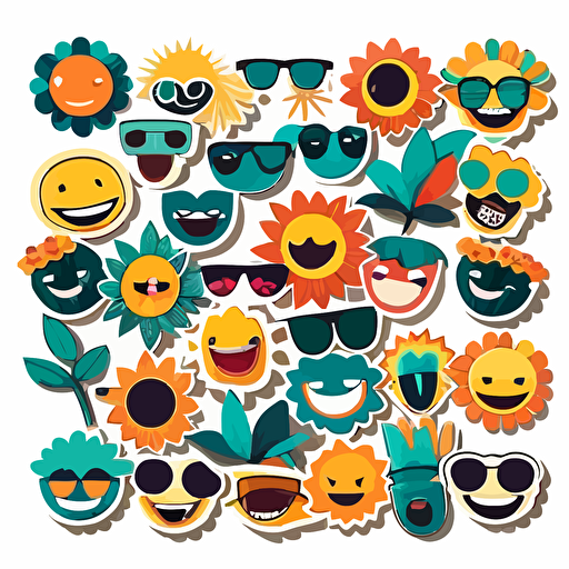 set of 25 stickers, flat, vector, retro, including smiley faces, flowers, sunglasses, on white background