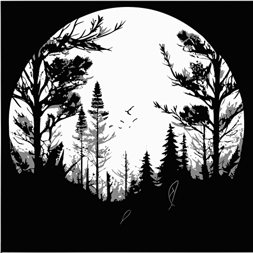 forest, monotone, single layer, no shadows, #000000, 700mm diameter perfect circle, black outer border, vector art