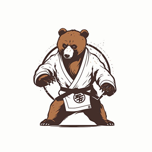 2d vector art, brown bear fighting jiu-jitsu, black belt, minimalist logo