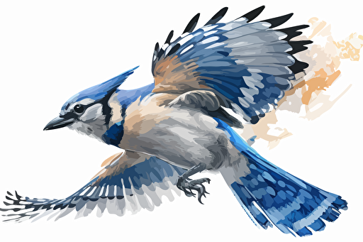 Blue Jay flying, no feet, watercolored, white background, vector file, high resolution, great detail