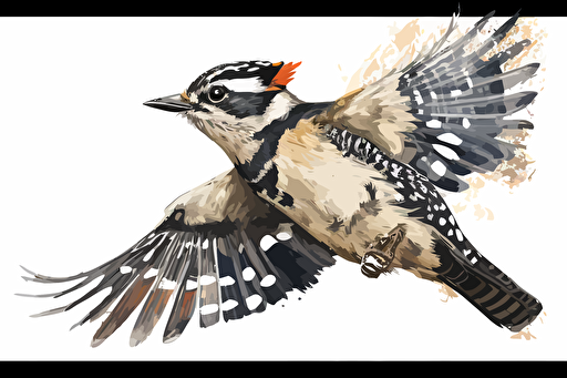 downy woodpecker flying watercolored, white background, vector file, high resolution, great detail