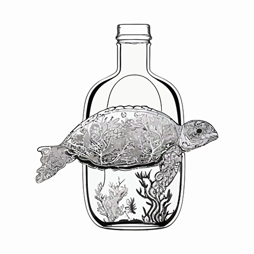 sticker, a turtle in a bottle, contour, vector, white background s 1000