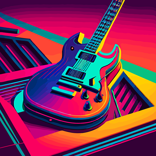 a retro guitar, digital art, vector, long shadow, 45 degree point of view, by Grant Riven Yun , synthwave colors