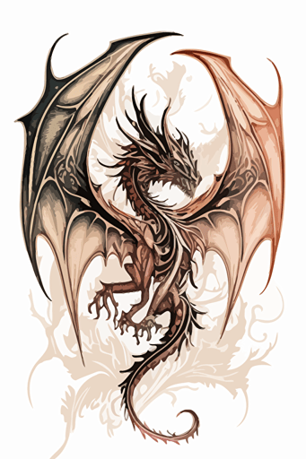 dragon with symmetric spread wings, svg vector image, subtle pale colors and thick crisp black outline, white background