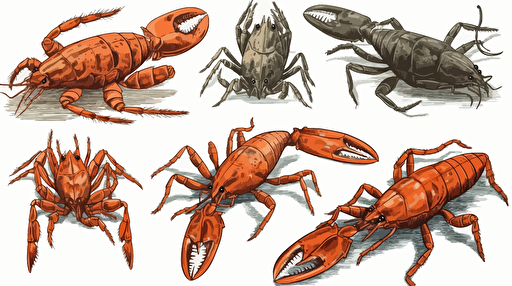 a asset collection of detailed hand drawn crawfish, on a white background, bright orange, burnt red, browns, and thick black line, vector style,