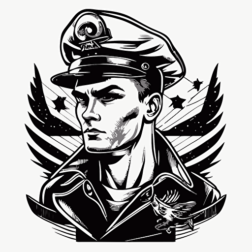 vector illustration, line drawing, sailor Jerry and anime style, normal man wearing full naval uniform, captain hat, black and white, waist up