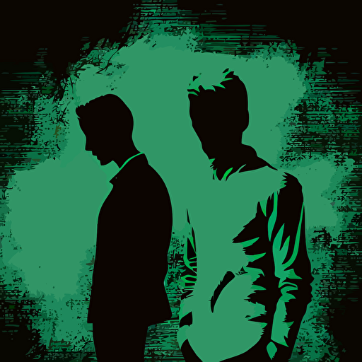 2 man, Innocent, Guys Night Out, green color, blue background, simple design, vector style, white outline over silhouette