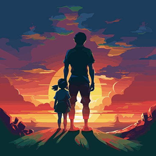 vector art, silouhette, a young child sitting on their dad's shoulders, as they look out at the horizon. perspective from the back, bright cocomelon colors, cell shade illustration style from zelda windwaker