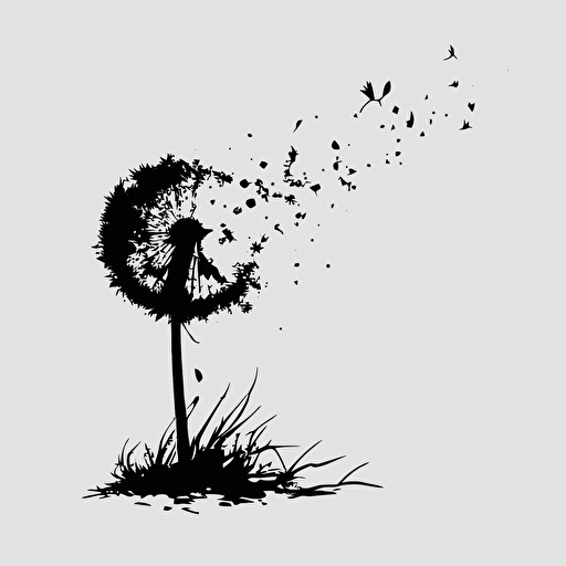 vector 2d image black ink dandelion left handside blowing in the wind away to the right