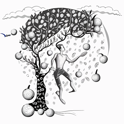 boywesring shorts flying over tall and skinny tree, with branches that twisted and turned in every direction. Black and White vector illustration. Cheerful image with magical fruit around