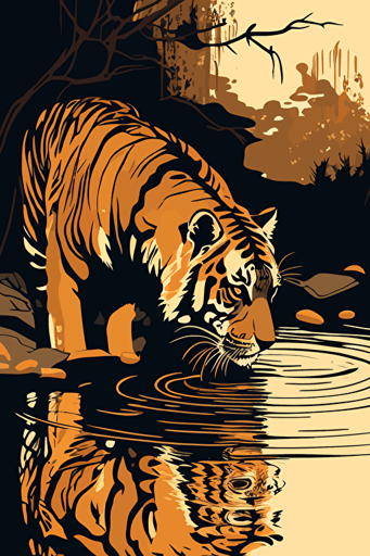 tiger drinking from a river, one color painting, vector art, simplistic, minimalistic, nature backround,