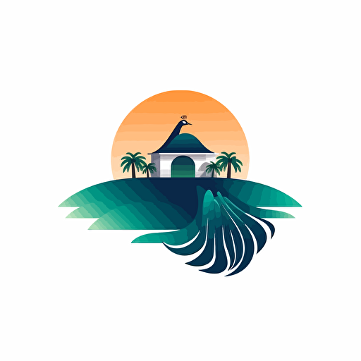 minimalist abstract vector simple logo symbolic pictorial logo, low detail, luxury cabanas, cabanas are close to the top of a hill, the hill is next to a lake, there is a peacock in the roof of the cabana