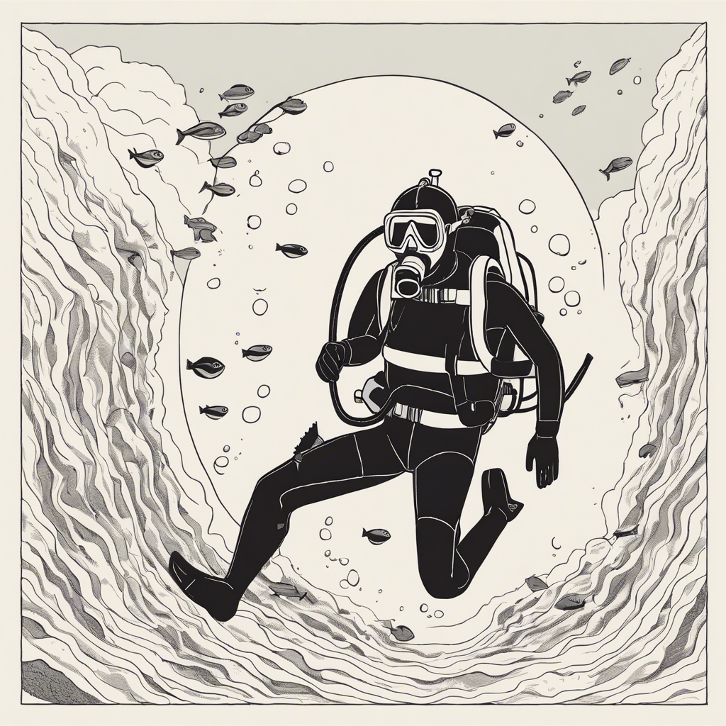 a man scuba diving, illustration in the style of Matt Blease, illustration, flat, simple, vector