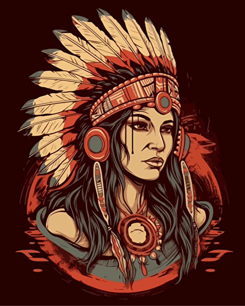 Art style, beautiful native american girl with a chief headress, logo vector