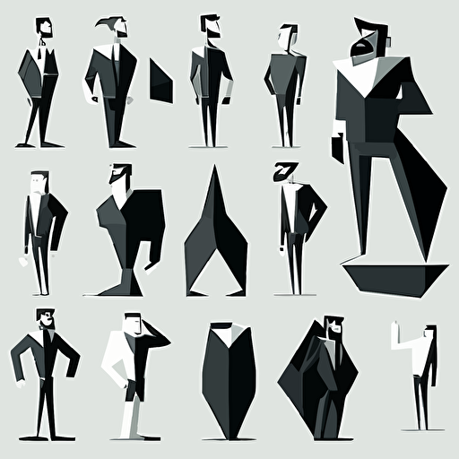 simple and expressive cartoon figure poses, flat, geometric, vector, black and white