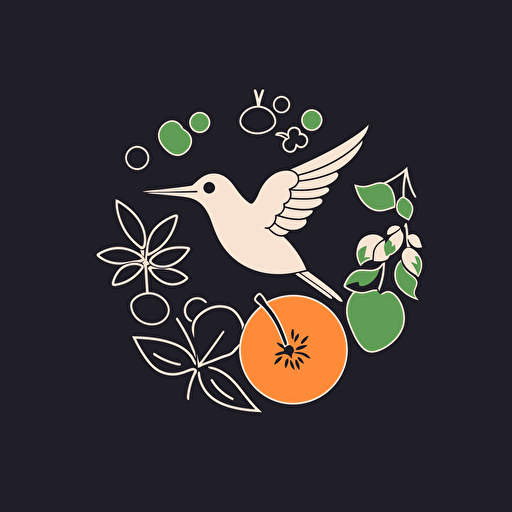 minimalist flat SVG vector black and white logo showing a hummingbird flying surrounded by flowers, fruits and vegetables