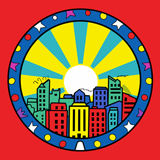 a basic city themed card back design in a symmetrical design, fun primary colours with a vector art style