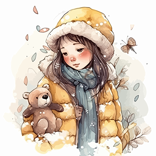 Chinese cute girl and bear and bees winter illustrations detailed, cartoon style, 2d watercolor clipart vector, cozy, creative and imaginative, hd, white background