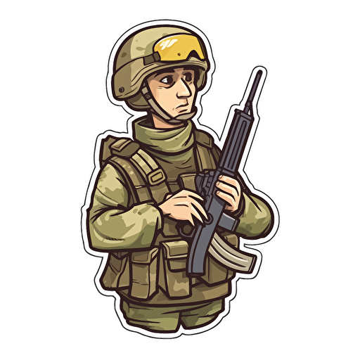 ukrainian soldier, Sticker, Content, Earthy, Cartoon, Contour, Vector, White Background, Detailed