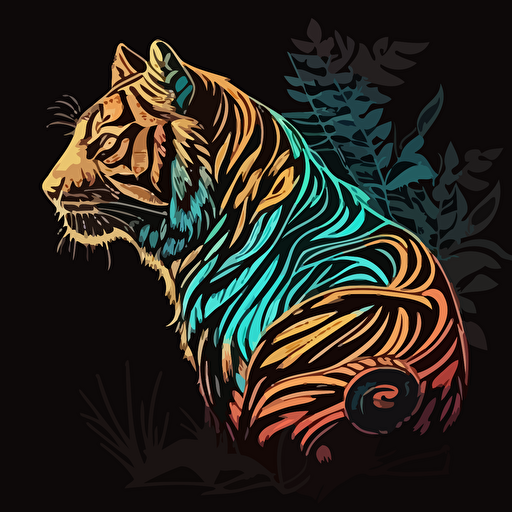 Tiger, sticker, triumohant, neon, anime, contour, vector, black background, detailed