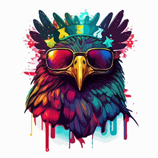 an american eagle wearing huge sunglasses and a big crown, chicano style graffiti , neon colors, vector, white background
