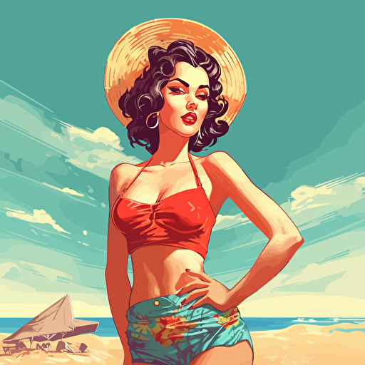 girl on the beach, pin-up style, vector style