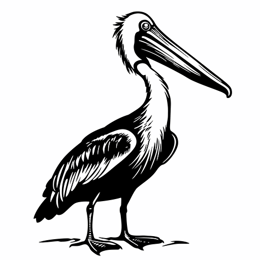 standing and laughing pelican, cartoon comic, vector black and white, stencil