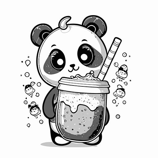 black and white cartoon illustration of a panda holding bubble tea, illustration, vector