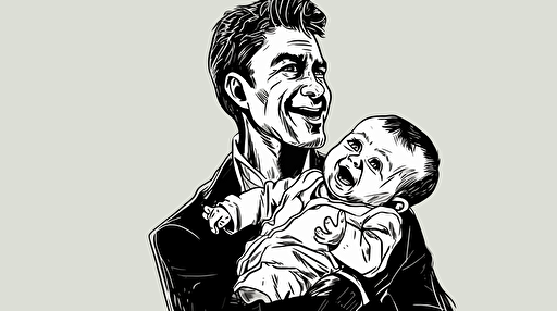 Young laughing father looking desperate holding laughing baby, Vector art, funny, black and white ,