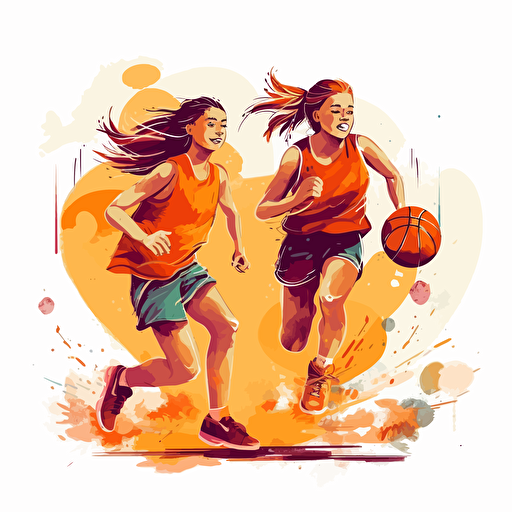 Vector illustration, of two beautiful happy 9 years old girls playing basketball, in vivid colors with white background