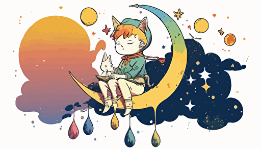 simple, 2d, cartoon, vector, vector art, pastel, cat on the moon, Little Prince Style, colourful,