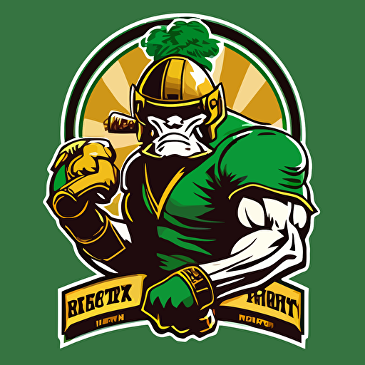 A Boston-themed fantasy football logo (content: a stylized, muscular leprechaun wearing a football helmet, carrying a football under one arm, and standing on a shamrock) (medium: vector illustration) (style: combining classic Irish symbolism with a modern, edgy sports aesthetic) (colors: featuring Boston's signature green, gold, and white color scheme) (composition: use a dynamic pose for the leprechaun, with the shamrock and city name incorporated to create a cohesive, striking logo that captures the spirit of Boston).