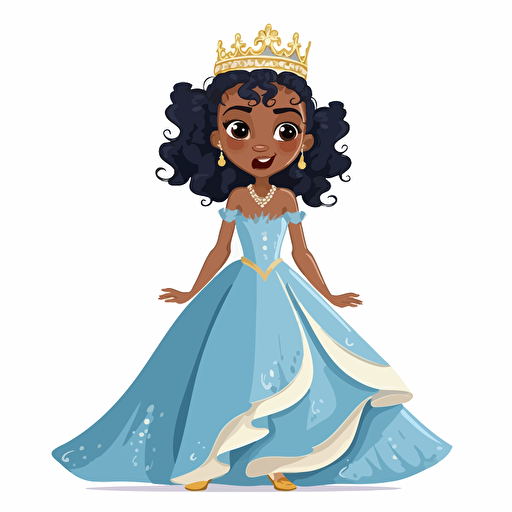 vector illustration full view image, in multiple poses and expressions, full image shots, 6 panels, of a cute, adorable, beautiful little mix race girl princess wearing a white and blue child gown and a beautiful golden crown.