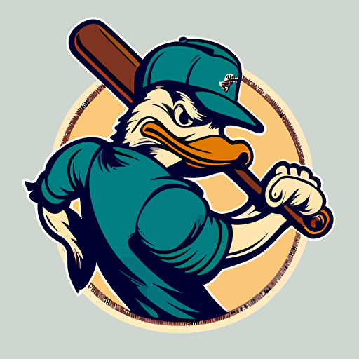classic sports logo for baseball team featuring a fierce duckbill platypus about to swing a baseball bat, vector style, circular, stylish, simple
