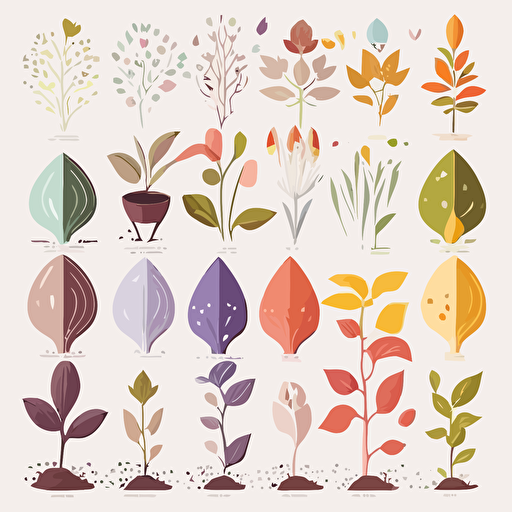 different types of seeds and seedlings, representing the growth and potential of plants, Sticker, Adorable, Pastel, Geometric, Contour, Vector, White Background, Detailed
