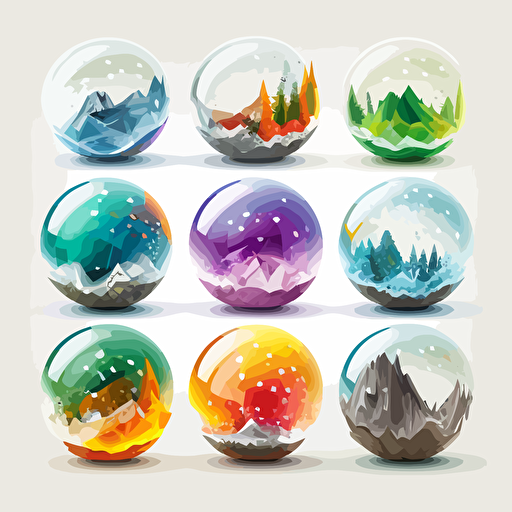Collection of twelve transparent exploding marbles with a small town inside. Nature is represented. Vector styling. Very colored. White background