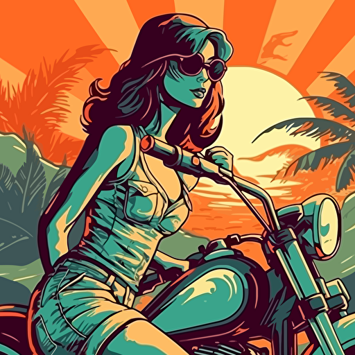 Disney cartoon style, pin up girl with a motorcycle, contrast colors, shadows, good vibes, happy, tropical, vector