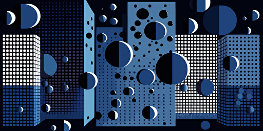 a iconic vector illustration showcasing the transformation from atoms to pixels, using a dark blue color palette and flat vectors. Emulate Victor Vasarely's style by incorporating geometric shapes and patterns, while avoiding the use of shades and gradients. Experiment with various shapes and sizes to create an optical illusion that will capture the viewer's attention.