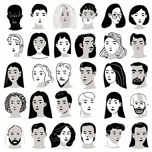 Hand drawn set of people faces in black and white inspired by carolyn suzuki, vector file format