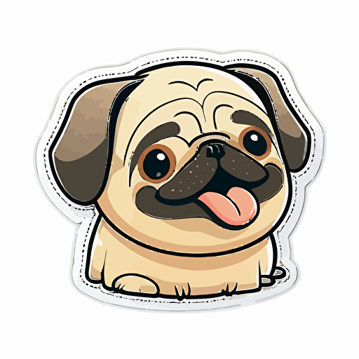 Cute, happy, smiling pug dog head sticker logo, chibi style, cartoon, clean, vector, 2d, white background, no accessories, without accessories, no text, without text