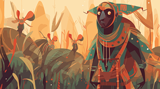 The leader of a nomadic tribe of bug-like creatures on a foreign jungle planet, his followers can be seen slightly blurred in the background behind him, close