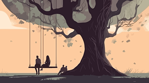big beautiful tree with a little girl in swing and parents looking , vector ilustration