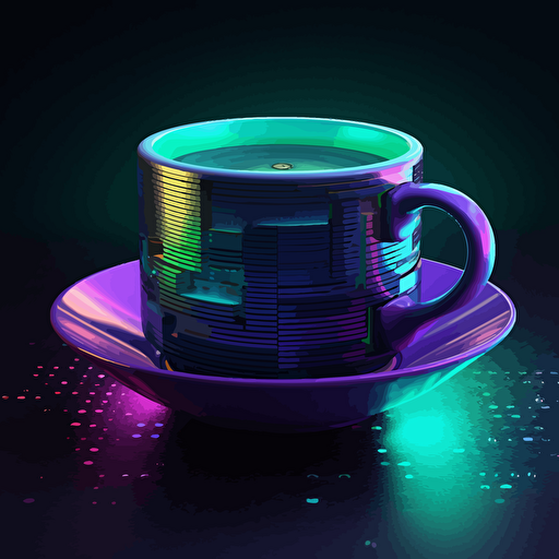A futuristic coffee cup merging with a database disk (medium: vector art)(style: combining elements of cyberpunk aesthetics and flat design)(lighting: vibrant neon accents, emphasizing the high-tech nature of the disk)(colors: contrasting shades of dark grays and vivid neon blues, greens, and purples)(composition: a 3/4 angle perspective, captured with a wide-angle lens to give a sense of depth, placing the coffee cup-database hybrid as the central focal point)