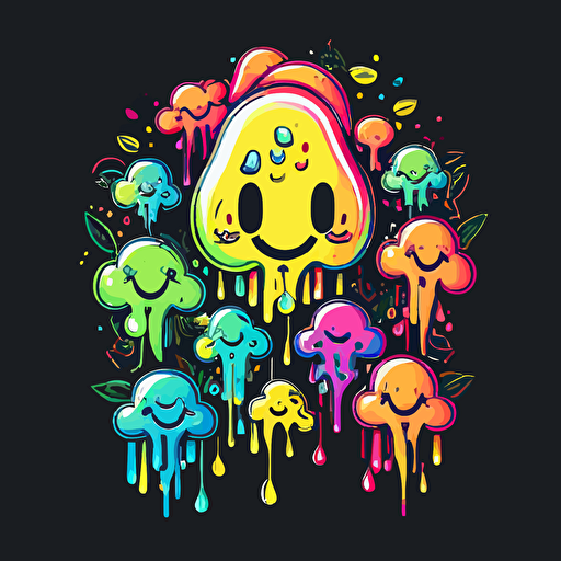 vector line drawing, dripping smiley faces, mushrooms, flowers, neon colors