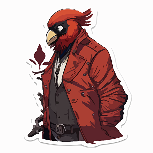 cardinal in biker jacket, mike mignola style, white background, vector, full detailed sticker